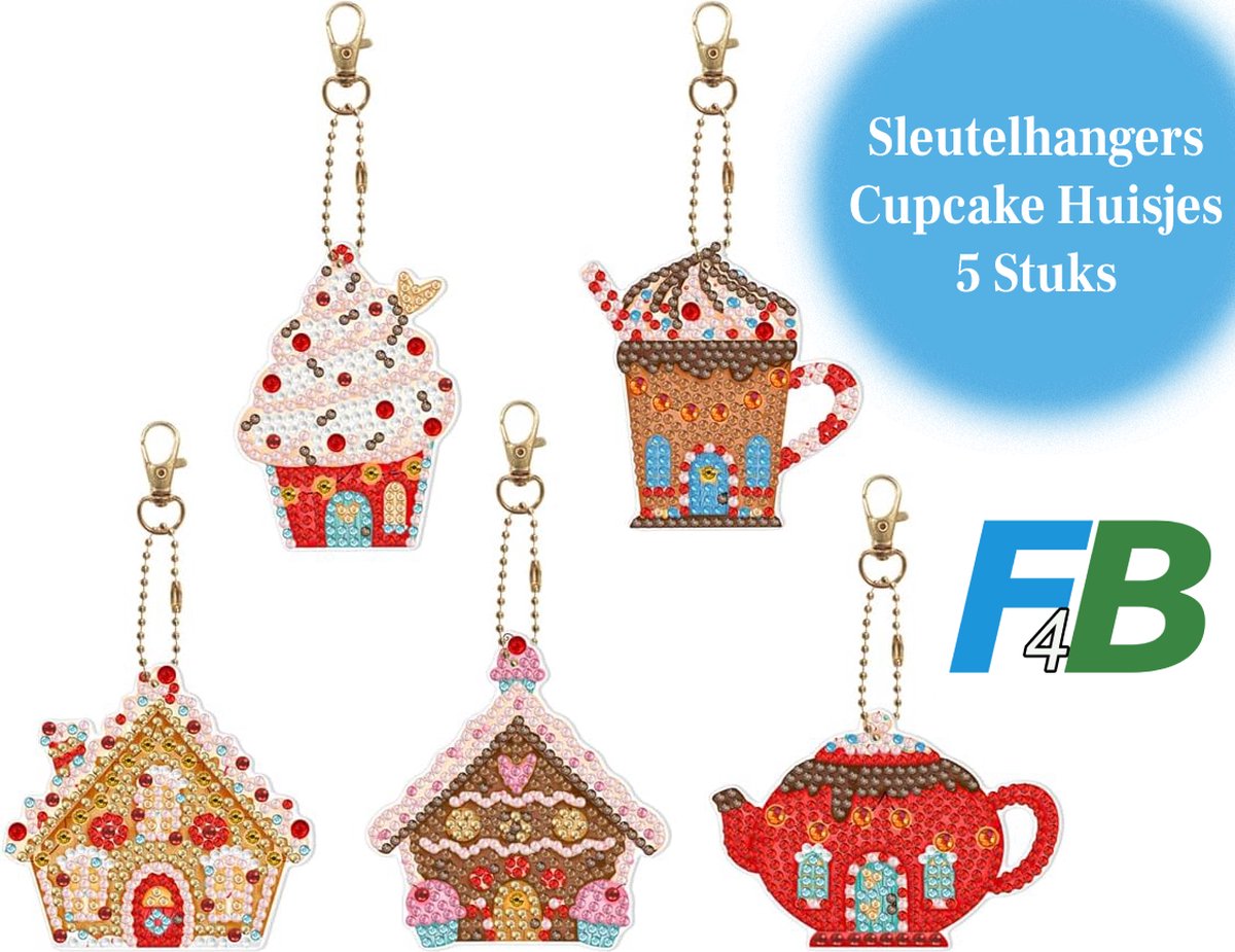 F4B Cupcake Huisjes Sleutelhanger Diamond Painting | Dubbelzijdig | 5 Stuks | Cupcake | Huisjes | Kinderen | Meiden | Pakket Volledig